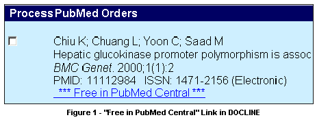 Figure 1: Free in PubMed Central Link in DOCLINE