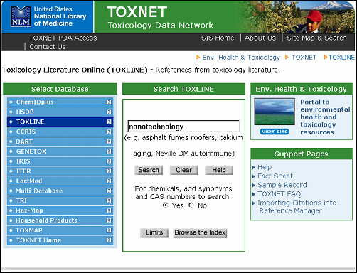 Screen capture of TOXLINE's new search page.