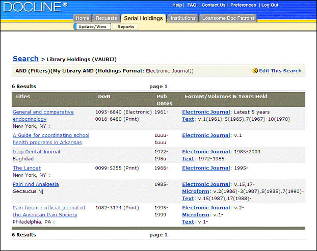 Show All My Holdings List of Titles, Limited to Titles with Electronic Journal Holdings.