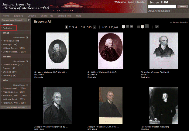 Screen shot of The results screen after selecting Portraits from the Narrow Your Search column list.