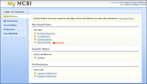 Screen capture of Link for Recent Activity on the My NCBI Home screen.
