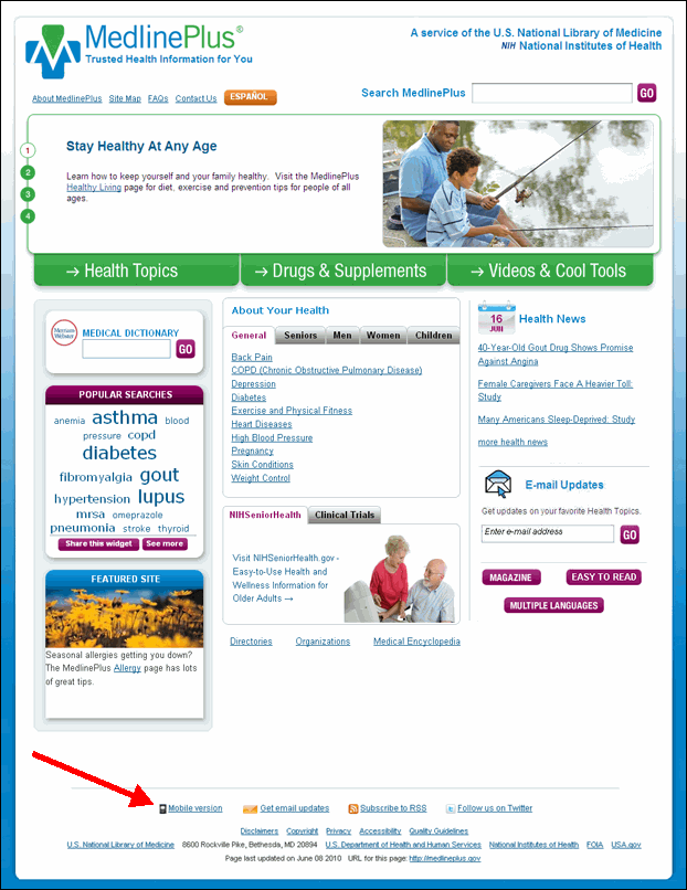 Screen capture of MedlinePlus redesigned homepage.