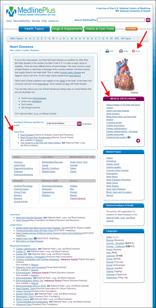 Screen capture of MedlinePlus redesigned health topic page.