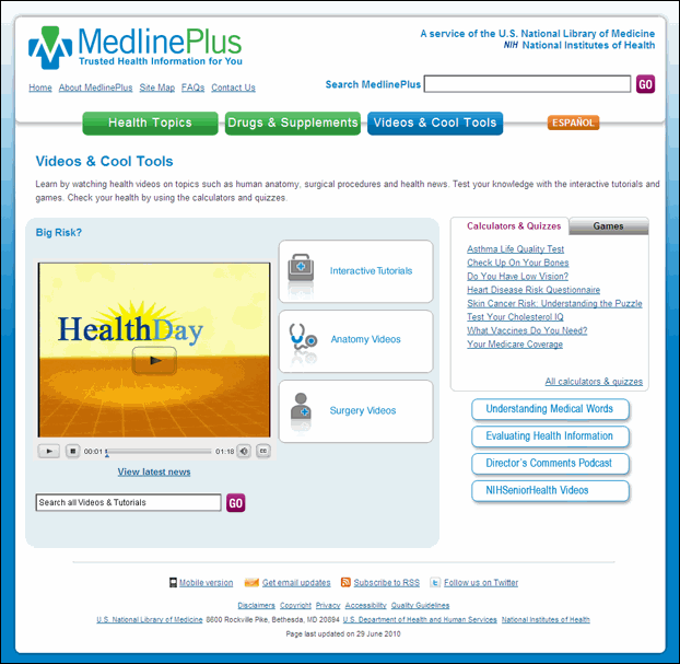 Screen capture of New MedlinePlus Videos & Cool Tools page.