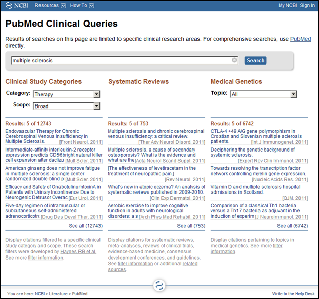 Screen capture of PubMed Clinical Queries preview results page.
