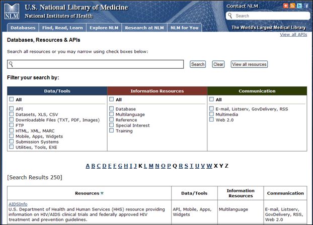 Screen capture of NLM Databases, Resources & APIs Web page.