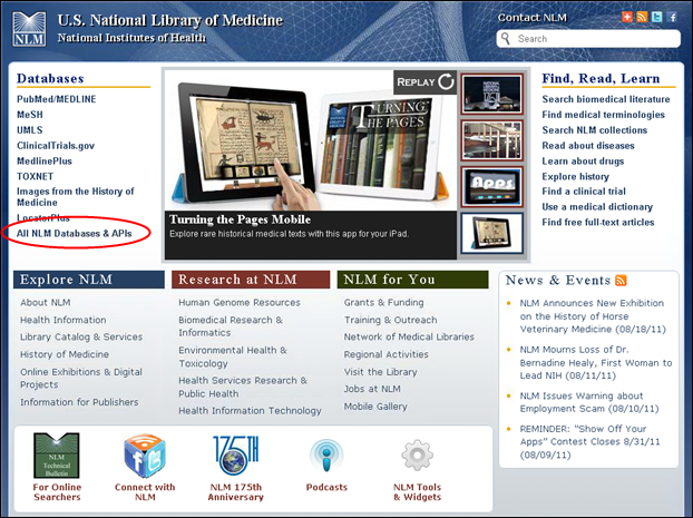 Screen capture of NLM Databases, Resources & APIs Web page.