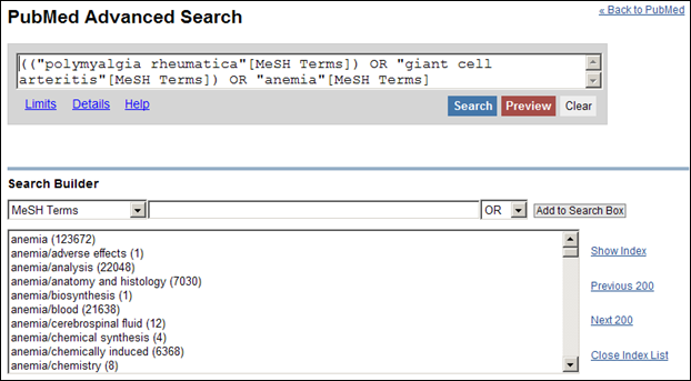 Screen capture of PubMed Advanced search page.
