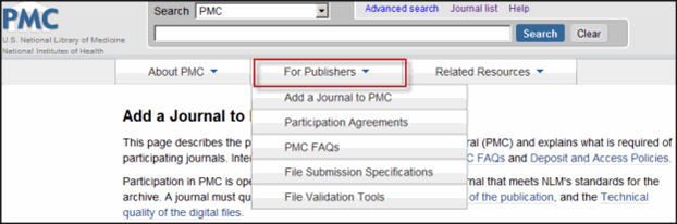 Screen capture of For Publishers DropDown Menu.