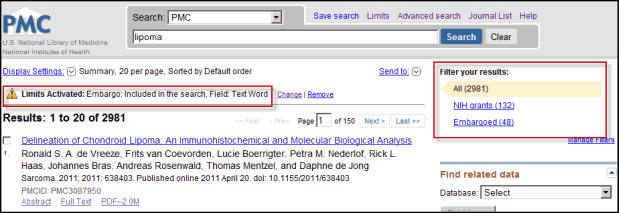Screen capture of Search Results with Limits Activated and Filter your results.