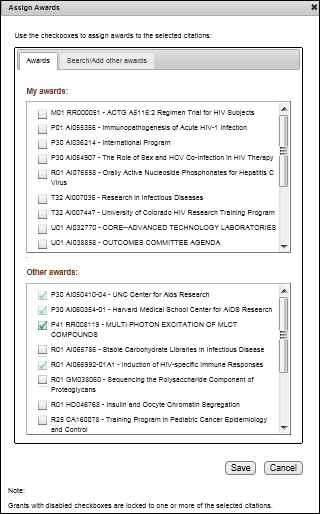 Screen capture of Updated Assign Awards window