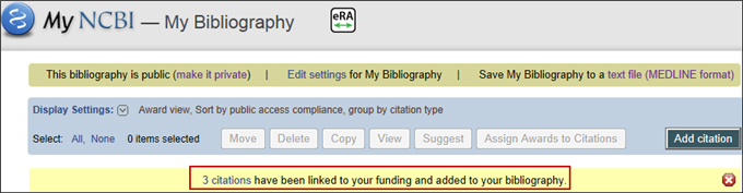 Screen capture of Alert message for new citations added based on funding information
