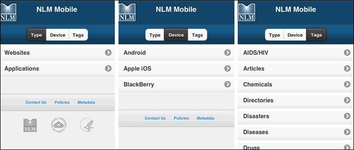 Screenshot of the NLM Mobile App Browse by Type, Device, or Tags.
