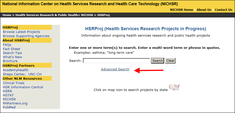 Link on HSRProj homepage to Advanced Search features.