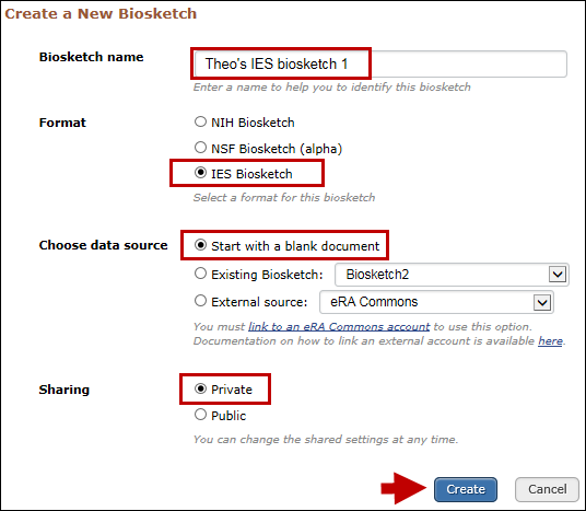 screen shot of Create an IES biosketch using a blank document