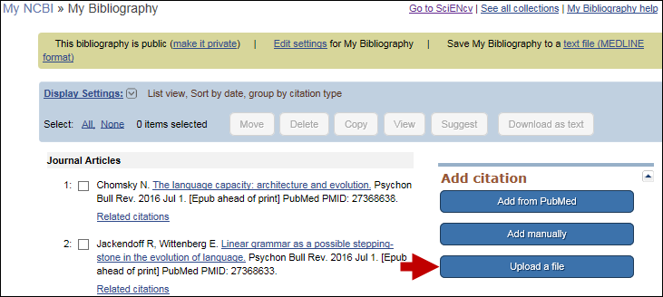 screen shot of Upload a file option to add citations in My Bibliography.