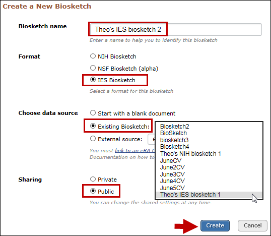 screen shot of Create an IES biosketch copying information from an existing document