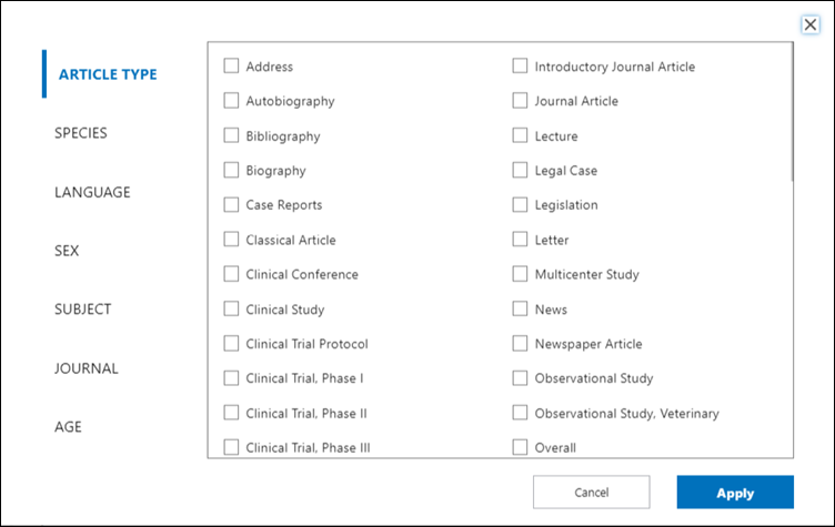 On the left of the pop-up, a list of categories. On the right, a list of available filters in the selected category.