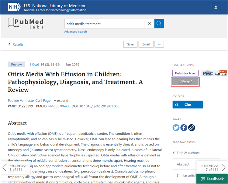 screenshot of PubMed citation with library icon highlighted.
