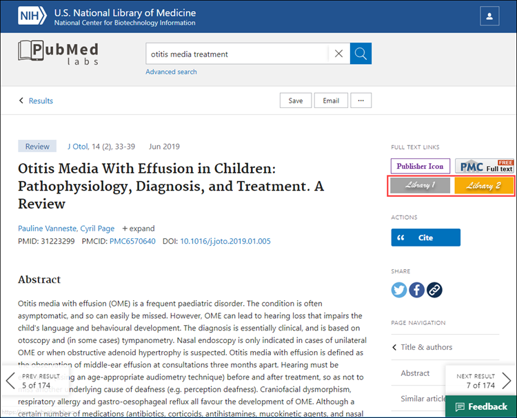 screenshot of PubMed citation with two library icons highlighted.