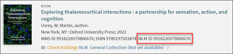 LocatorPlus Catalog search result displaying record with new, longer NLM Unique ID highlighted in red box
