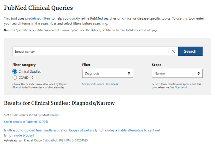 Screenshot of PubMed Clinical Queries interface.