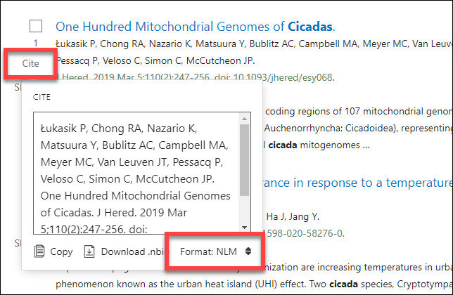Screenshot displaying drop down menu with Cite button citation style format options.
