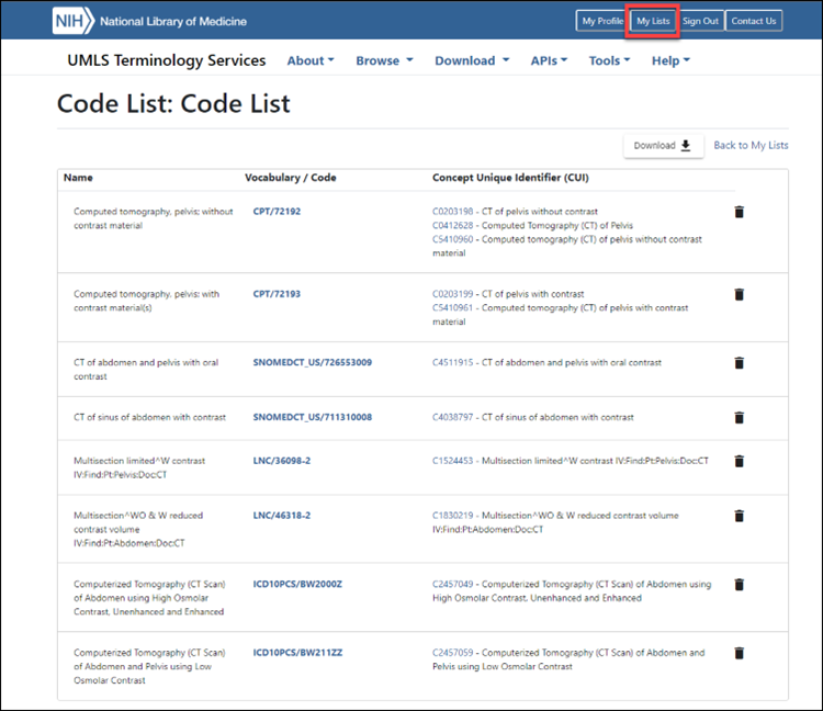 Screenshot of UTS code list with My Lists button circled