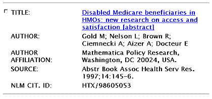 Screen Shot of Sample Citation Retrieved in HealthSTAR