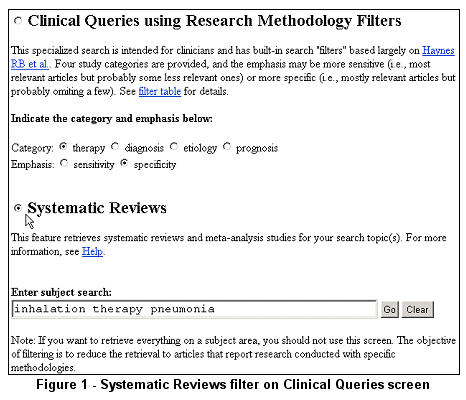 Systematic Reviews filter on Clinical Queries screen