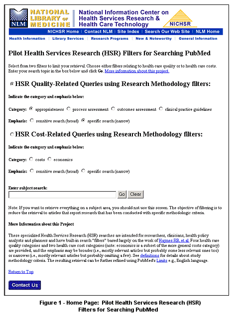 Figure 1: Pilot Health Services Research (HSR) Filters for Searching PubMed Home Page