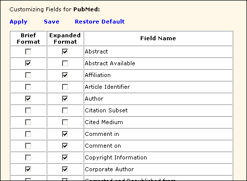 Screen capture of the select fields page where you can customize the fields to display.