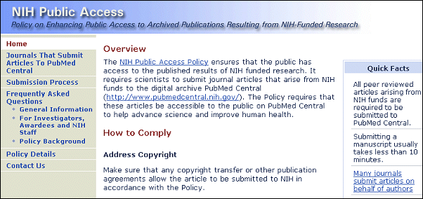 Screen capture of NIH Public Access homepage.