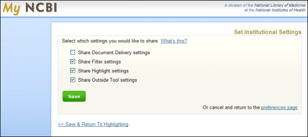 image of New Shared Settings page with Share Filter, Share Highlight and Share Outside Tool settings selected
