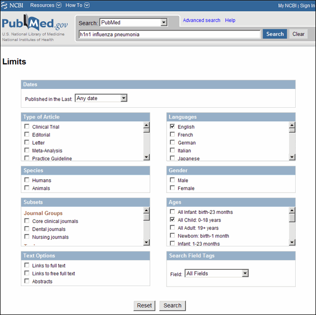 Screen capture of PubMed Limits page with English and All Child selected as limits.