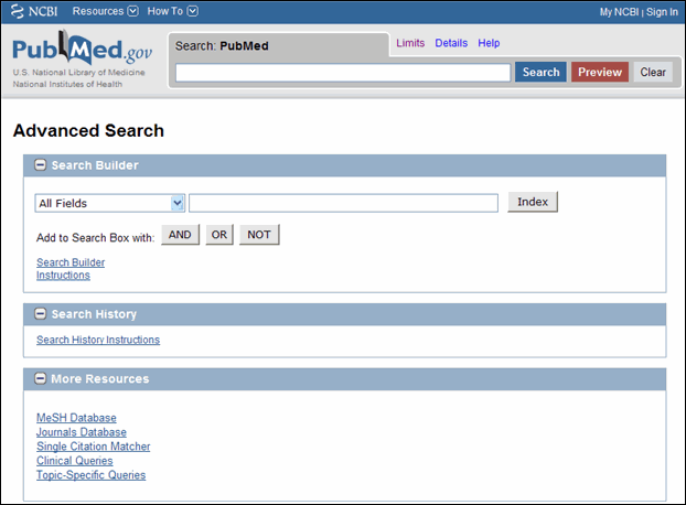Screen capture of PubMed Advanced Search page.