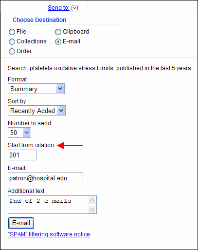 PubMed Send to E-mail screen with new Start from citation