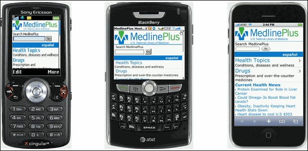 Figure 1: Mobile MedlinePlus homepage on three different devices