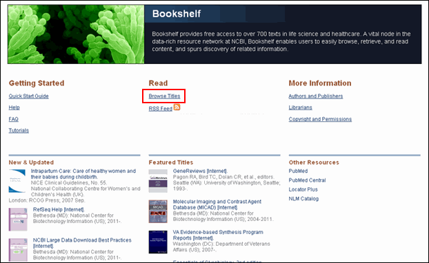 Screen capture of The new Bookshelf homepage. Click on Browse Titles to see a list of all the content available.