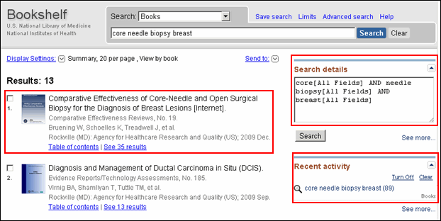 Screen capture of The new Bookshelf search results page. The details of the search query, and  the recent search activity, are shown on the right of the page.