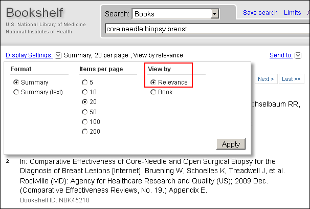 Screen capture of The Display Settings for the search resultsâ€”â€œView by relevanceâ€ has been selected.