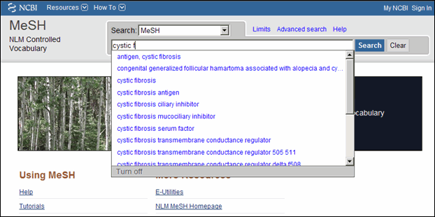 Screen capture of MeSH search box with autocomplete.