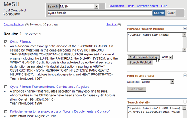 Screen capture of Populating the PubMed search builder.