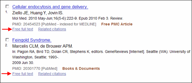 Screen capture of Free full text links on the PubMed Summary Display.