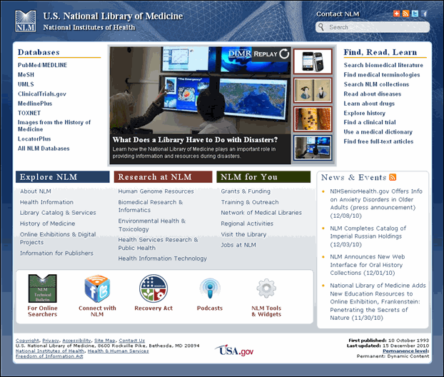 Screen capture of New NLM homepage.