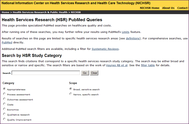 Screen capture of HSR PubMed Queries page