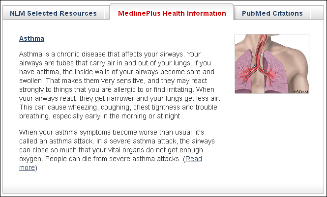Screen capture of MedlinePlus Health Information tab displaying the Asthma health topic result