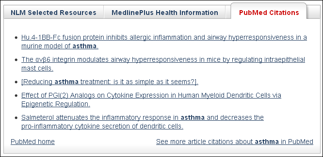 Screen capture of PubMed Citations tab displaying the first five results for asthma