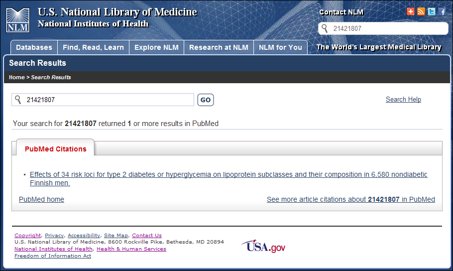 Screen capture of PubMed Citations tab displaying one result from PubMed and no results from the NLM Main Web