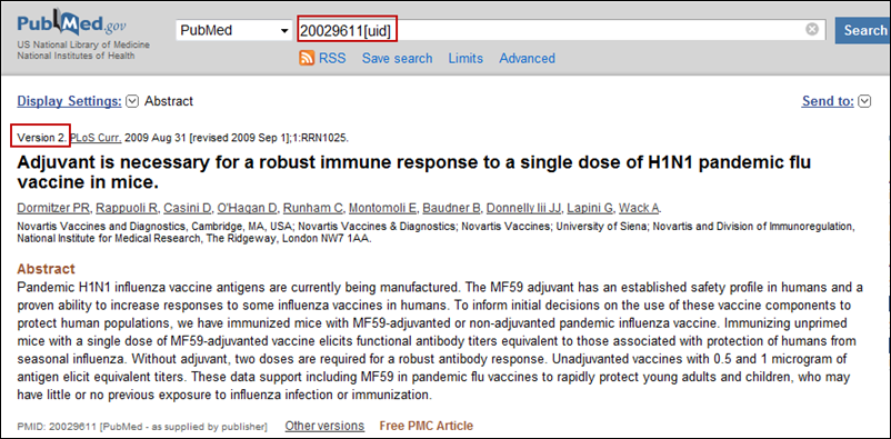 Screen capture of Searching PubMed for a versioned citation using a PMID.